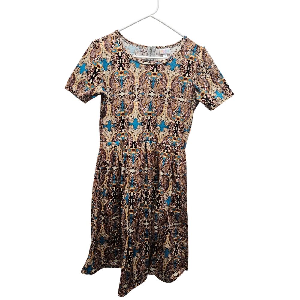 Lularoe Amelia Gold Yellow Turquoise Fit & Flare Dress Size M
